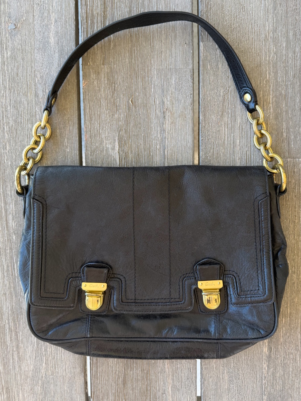 Coach Poppy 17925 Black Leather Pushlock Flap Shoulder Bag Brass Push Lock Y2K
